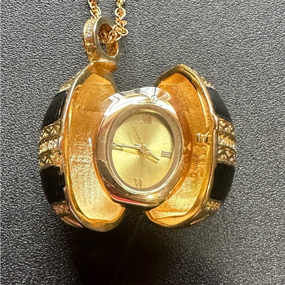 Gold and Black Locket Watch Necklace - Women's Jewelry